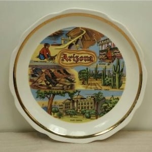 ARIZONA SOUVENIR PLATE Vintage Gold Outer Ring Very Decorative and Colorful!
