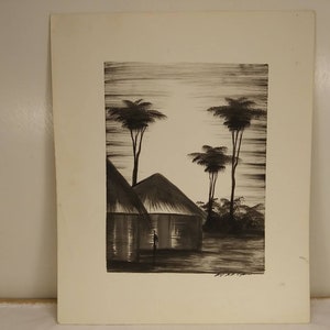 MID CENTURY ART Beautiful Pen and Ink African Tribal Drawing Vintage 1950s Beatnik Unframed