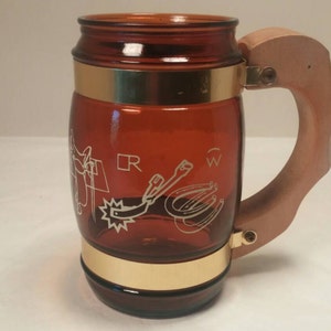 SIESTA WARE MUG Clear Brown Glass Western Themed Wooden Handle Great Condition!
