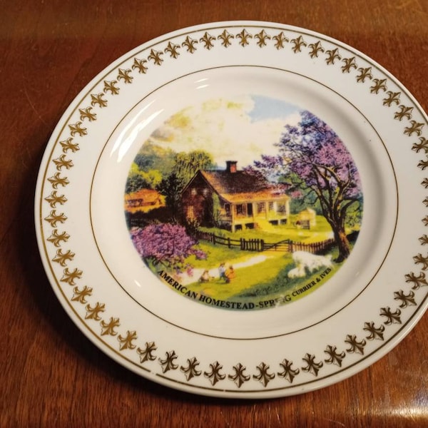 CURRIER and IVES PLATE "American Homestead - Spring" Fleur de Lis Rim 1995 American Historic Society Collection Release Excellent Condition