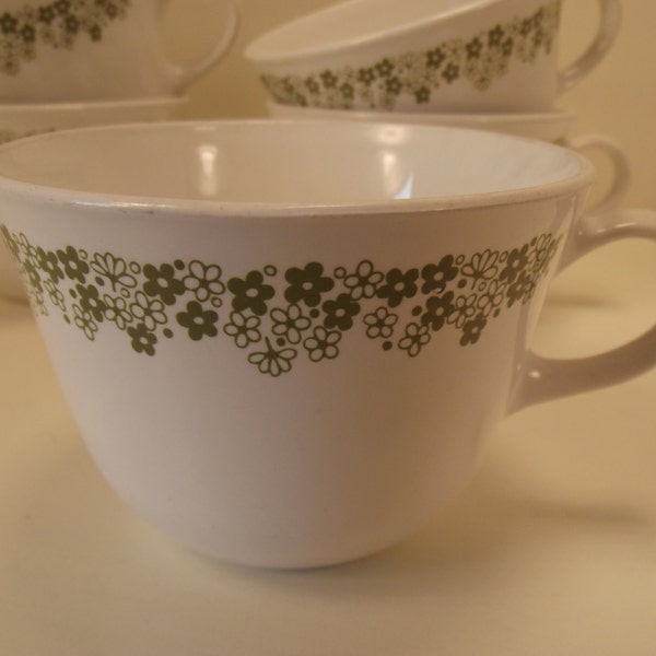 CORELLE "CRAZY DAISY" Coffee Cup / Mug / Teacup Green Flowers White Glass Excellent Condition!