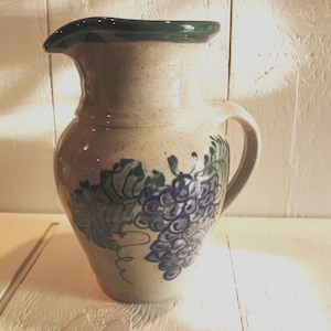 GREAT BAY POTTERY Pitcher Grape Themed Hand Thrown Hand Painted Vintage New Hampshire Excellent Condition!