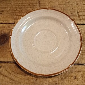 May include: A white saucer with a brown rim. The saucer has a speckled texture and a slight indentation in the center.