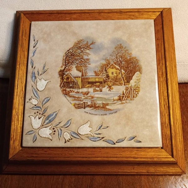 CURRIER and IVES TILE Framed in Oak by Frank La Rose Tile of Granada Hills California So Pretty Excellent Condition!