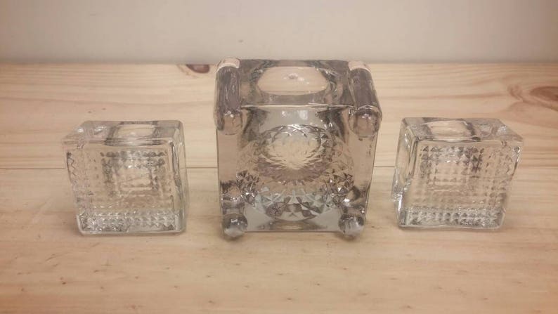 Beautiful Set of Three Pieces Clear Crystal-Like Candlestick Holders So Pretty!