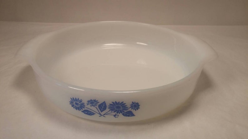 Vintage Milk Glass FIRE KING Round CASSEROLE with Blue Flowers