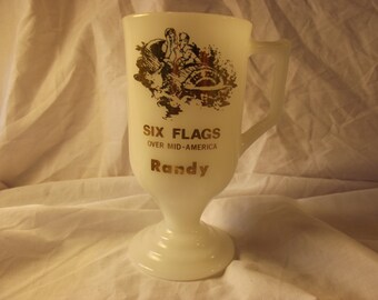Six Flag Milk Glass Vintage PEDESTAL SOUVENIR MUG with the name Randy