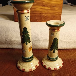 PAIR CANDLESTICK HOLDERS Speckled Christmas Trees One Tall, One Shorter Excellent Condition!