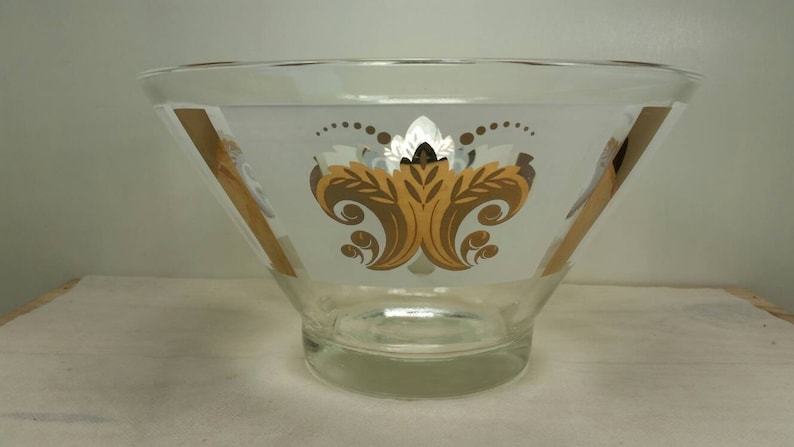 Antique FLEUR-DE-LIS Large Glass Bowl Punch Bowl Gold and White in Awesome Condition!