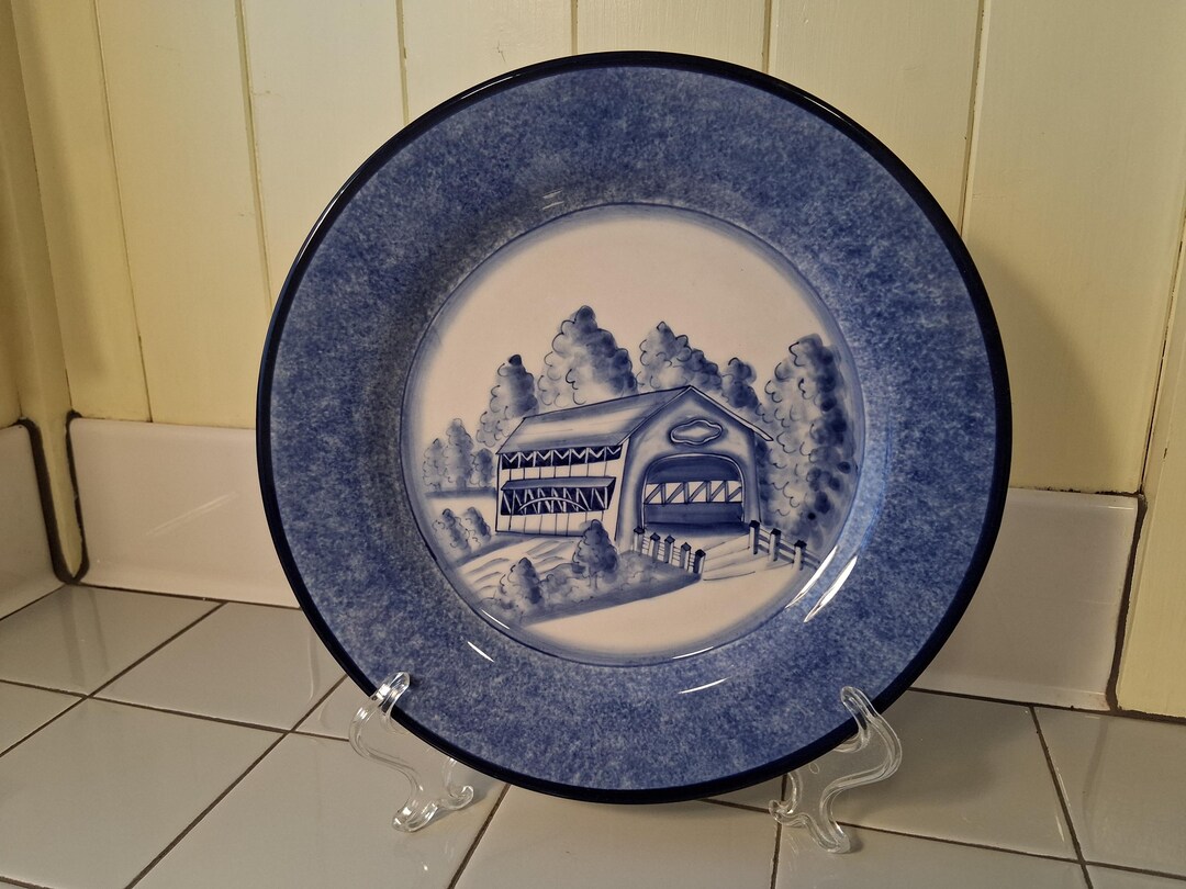 COVERED BRIDGE PLATE Hand Painted Rare Sponge Dappled Great Cond! - Etsy