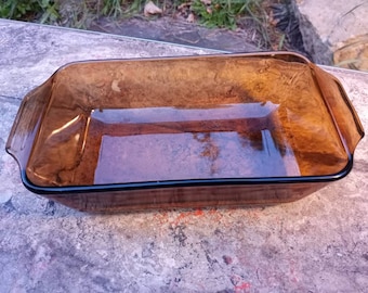 FIRE KING CASSEROLE 1 Quart Vision Brown Glass Rectangular with Handles Vintage 1970s 1980s Great Condition!