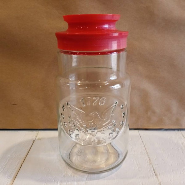 BICENTENNIAL STORAGE CANISTER with Screw-On Lid Vintage 1976 1776 Instant Coffee Jar Kitchen Storage Collectible!