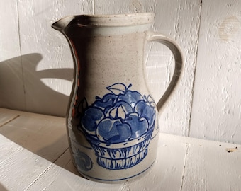 GREAT BAY POTTERY Pitcher Vintage Smooth Salt Glaze Apples Theme Hand Thrown and Hand Painted New Hampshire Excellent Condition!