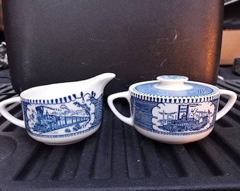 CURRIER AND IVES "Blue" Cream and Sugar Set Excellent Condition Steamboat and Train Vintage Royal China