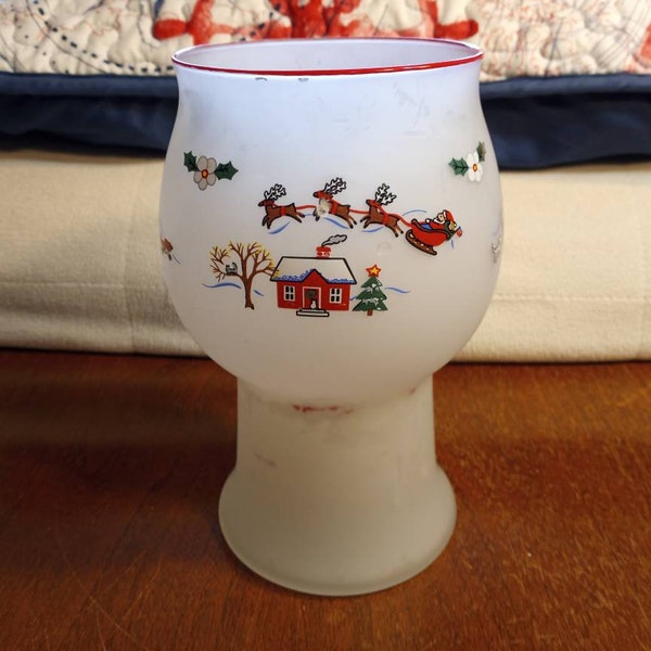 LARGE FROSTED CANDLEHOLDER Santa and Christmas Scenes Vintage 1990s in Good Condition!