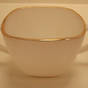 SQUARE SUGAR BOWL Milk Glass with Gold Rim