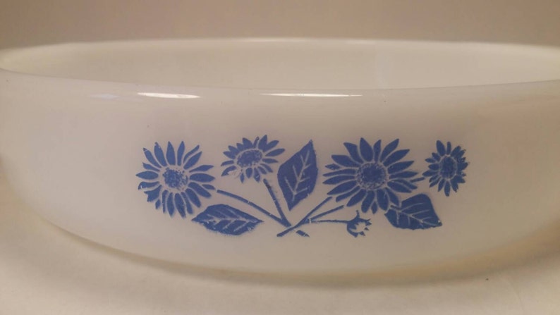 Vintage Milk Glass FIRE KING Round CASSEROLE with Blue Flowers