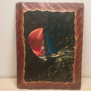 SAILBOAT PRINT on Hand Chunked Plywood 1970s Poly Covered Wall Hanging
