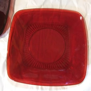 CHARM RUBY GLASS Square Plates Depression Glass Anchor Hocking in Great Vintage Condition!
