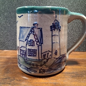 GREAT BAY POTTERY Mug Hand Made Hand Painted Lighthouse and Keeper's House!