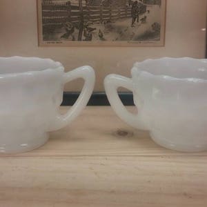HAZEL ATLAS PAIR of Woven-Like Hex Optic Milk Glass Cream and Sugar Set in Excellent Condition!