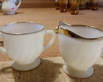 FIRE KING "Golden Anniversary" Swirl Pattern Milk Glass Cream & Sugar Set Mid Century Great Condition!