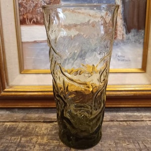 LIBBEY &quot;AZTEC&quot; GLASS Taller Olive Green Crinkle Finish Compare to Anchor Hocking &quot;Lido Milano&quot; Excellent Condition!