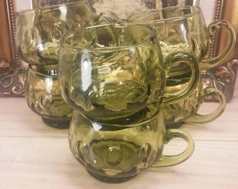 Set of Six (6) Cute Clear Green Bubbly Mugs / Cups in Excellent Condition!