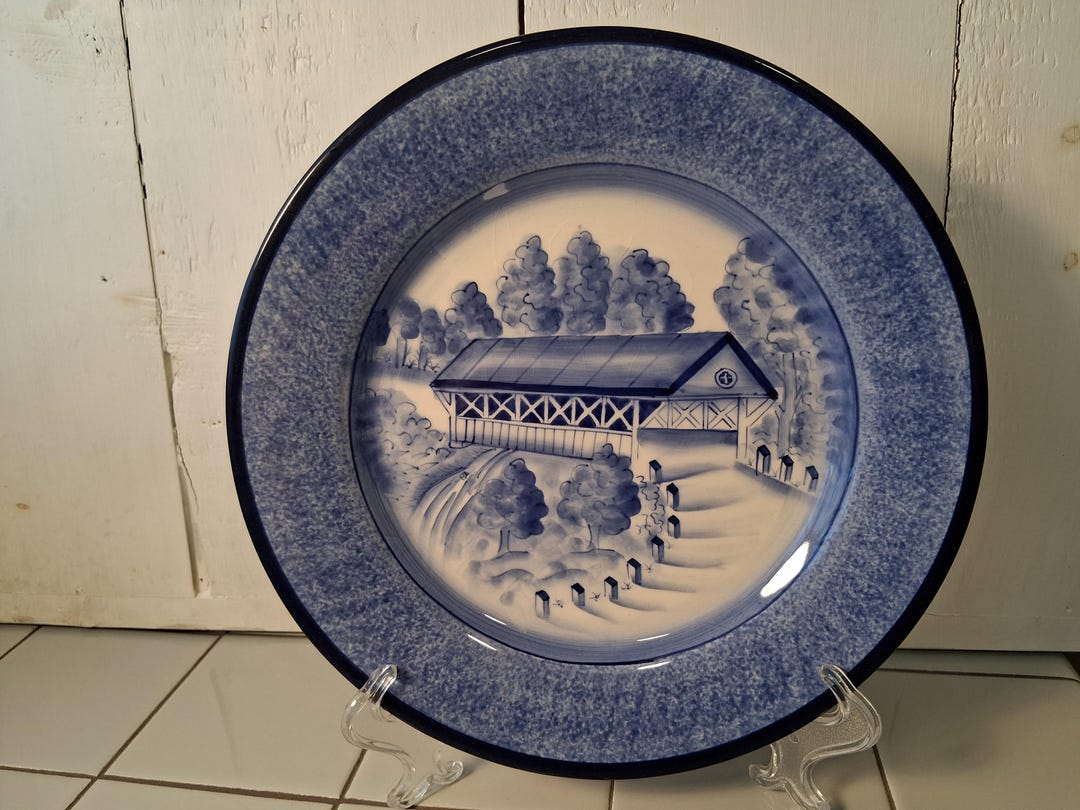 COVERED BRIDGE PLATE Hand Painted Rare Sponge Dappled Great Cond! - Etsy