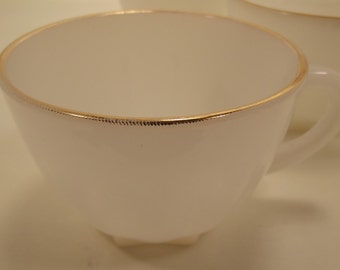 UNUSUAL and RARE White Milk Glass CUP / Mug / Teacup Anchor Hocking Gold Rimmed Fire King