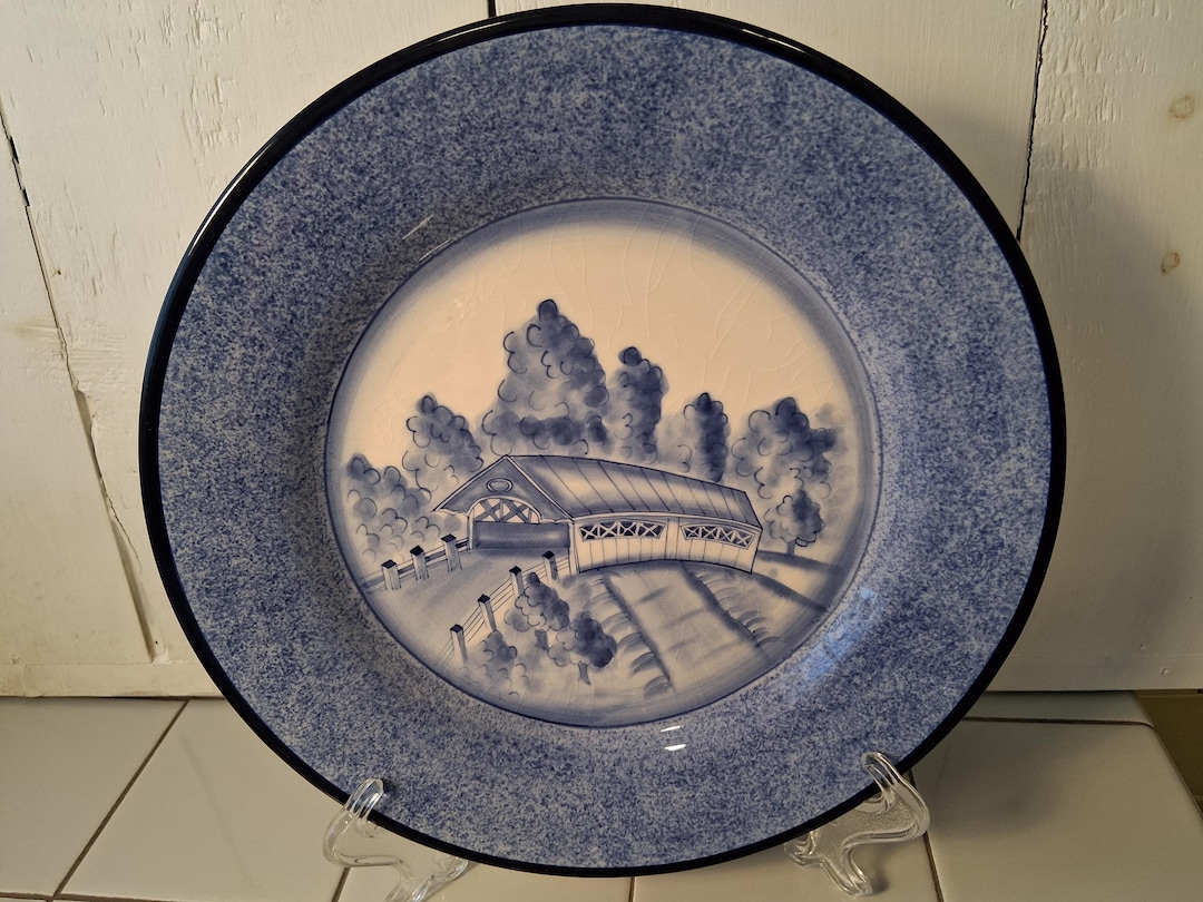 COVERED BRIDGE PLATE Hand Painted Rare Sponge Dappled Good Cond! - Etsy