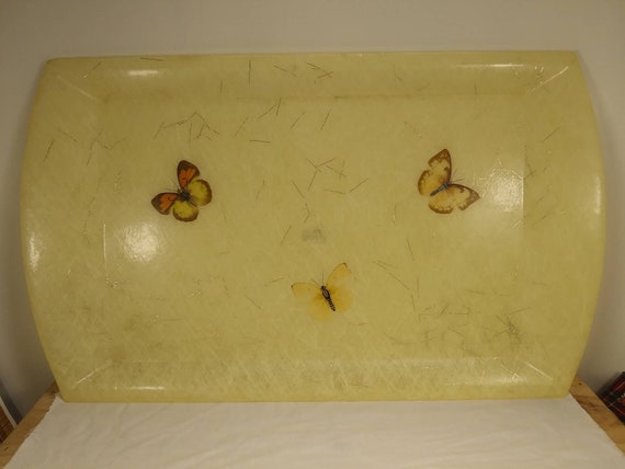 FIBERGLASS SERVING TRAY with Inlaid Butterflies and Shiny Tinsel Strands by Sterling Craftsmen of Michigan 1950s 1960s Great Condition!!!