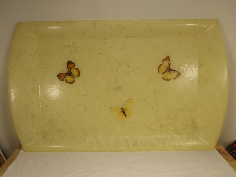 FIBERGLASS SERVING TRAY with Inlaid Butterflies and Shiny Tinsel Strands by Sterling Craftsmen of Michigan 1950s 1960s Great Condition!!! image 1
