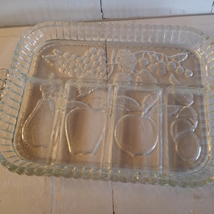 INDIANA GLASS TABLETT Geteilte Servierplatte Klarglas Obst Thema Ausgezeichneter Zustand