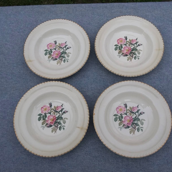 HARKER "WILD ROSE" Royal Gadroon Cereal or Soup Bowls Distressed Set of Four Vintage 22kt Gold and in Great Condition!