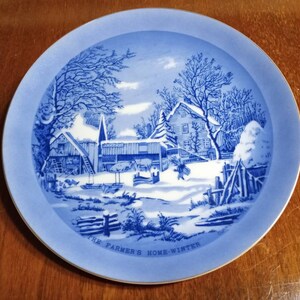 CURRIER and IVES PLATE &quot;The Farmer&#39;s Home Winter&quot; Glazed in all Blue Tint! Excellent Condition!