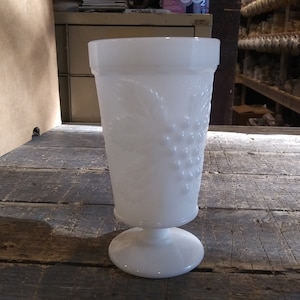 MILK GLASS COMPOTE or Pedestal Vase &quot;Colony Harvest&quot; Pattern Indiana Glass Company 1970s Beautiful!