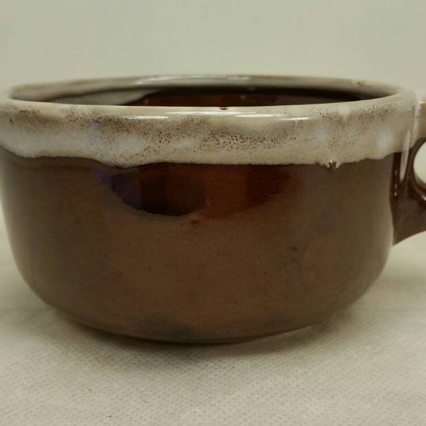 DRIPGLAZED SOUP BOWL Vintage 1970s Larger with Finger Handle and Foamy Grey over Brown Glazing in Great Condition!