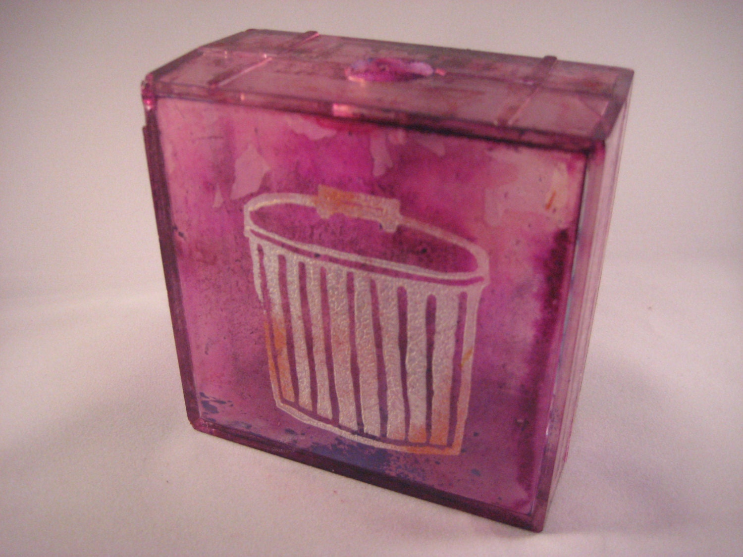 Trash Can Linocut on Alcohol Ink Colored Plastic Box Wall Art Etsy