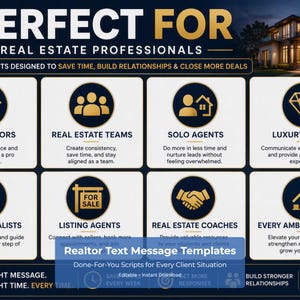 May include: A digital marketing graphic for Realtor Text Message Templates featuring a dark blue background with gold accents. The text reads PERFECT FOR REAL ESTATE PROFESSIONALS and lists categories like Real Estate Teams, Solo Agents, and Listing Agents.