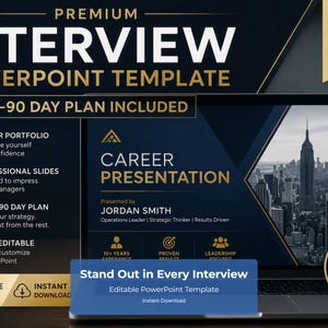 Peut inclure: Un modèle PowerPoint numérique pour présentations de carrière avec un design bleu foncé et doré. L'écran affiche du texte incluant CAREER PRESENTATION, JORDAN SMITH et 90 DAY PLAN INCLUDED. Le design intègre une image de gratte-ciel.