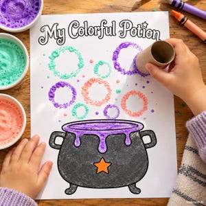 May include: A white paper sheet titled My Colorful Potion featuring a black cauldron with a purple liquid and an orange star. The paper shows various stamped circles in teal, purple, and peach colors created with a cardboard tube.