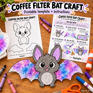Puede incluir: Un kit de manualidades de murciélago con filtros de café que incluye una plantilla imprimible con el contorno de un murciélago, una hoja de instrucciones y un murciélago terminado con cuerpo de papel gris y alas de filtro coloridas.