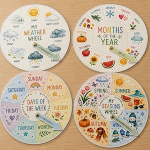 May include: Four circular educational charts featuring colourful illustrations and rotating pointers. The charts are labelled My Weather Wheel, Months of the Year, Days of the Week, and My Seasons Wheel, each displaying relevant icons and text for learning.