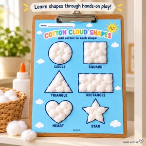 Cotton Cloud Shapes Activity | Preschool Fine Motor Craft (PDF)