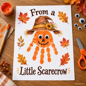 Op de afbeelding: Een wit vel papier met een handafdruk-vogelverschrikker met wiebeloogjes, een getekende zwarte mond en een bruine hoed met zonnebloem. De tekst From a Little Scarecrow is omringd door herfstbladeren en bessen op een houten ondergrond.