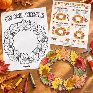 Op de afbeelding: Een printbaar activiteitenblad getiteld My Fall Wreath met een zwart-witte lijntekening van een krans met bladeren en eikels, een instructieblad Let's Make a Fall Wreath en een ingekleurde krans met kleurpotloden en een schaar.
