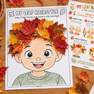 Peut inclure: Une feuille d'activité imprimable intitulée My Leaf Hairstyle montrant un visage de dessin animé avec une coiffure faite de vraies feuilles d'automne rouges, orange et jaunes. Une fiche d'instructions détaille les étapes de ce projet.