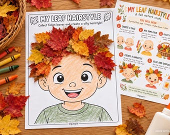 May include: A printable activity sheet titled My Leaf Hairstyle featuring a cartoon face with a hair arrangement made of real red, orange, and yellow autumn leaves. An instruction sheet outlines the steps to create this nature craft project.