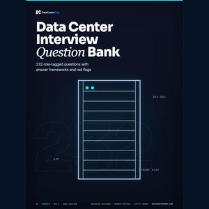 May include: A dark blue book cover titled Data Center Interview Question Bank with 232 role-tagged questions with answer frameworks and red flags. The cover features a light blue line drawing of a server rack with two dots and text labels.